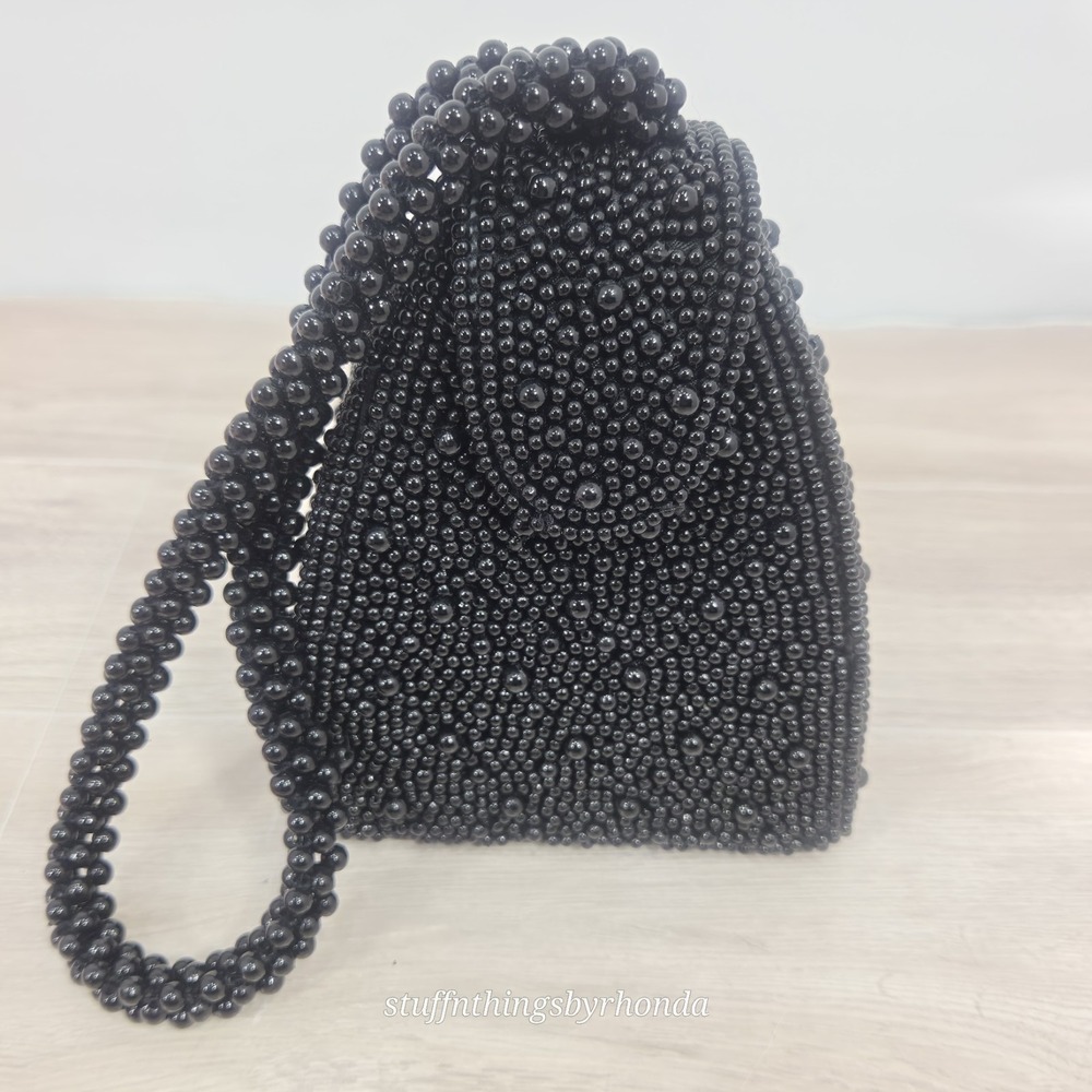 Carlo Fellini Hard Case Black Beaded Teardrop Clutch Evening Bag Wristlet